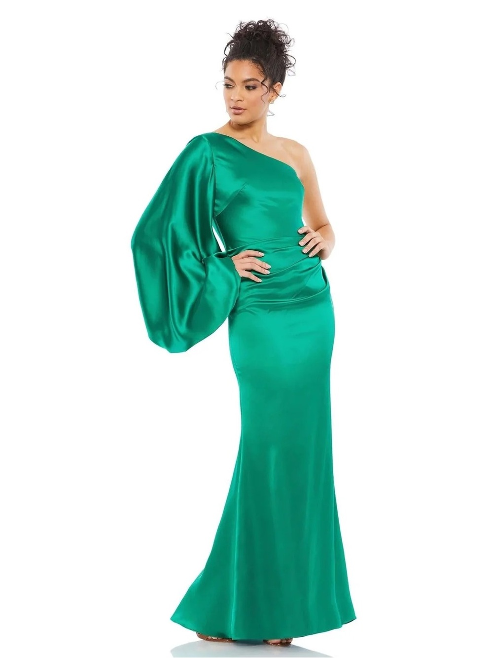 Mac Duggal Emerald One-Shoulder Satin Gown with Dramatic Balloon Sleeve